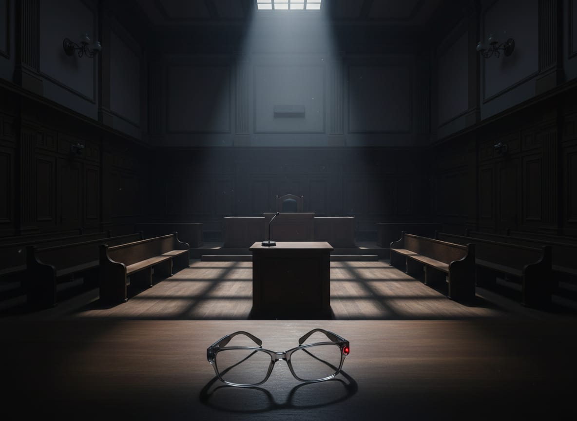 Smart glasses on witness stand symbolize Zuckerberg testimony trial over children and social media addiction