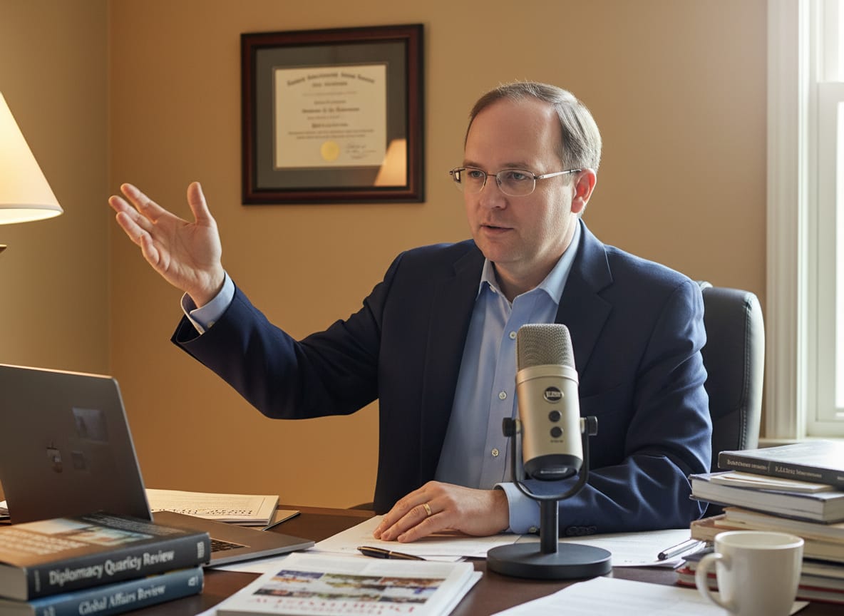 Gregory Harwell III records a podcast episode about how to break Iran's IRGC economy at his home office desk