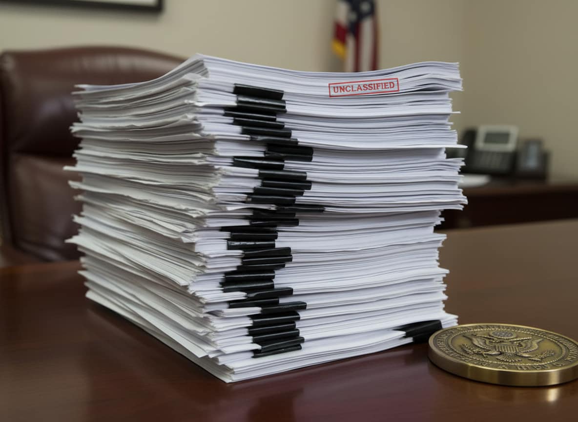 Heavily redacted government documents stamped unclassified on desk at Department of Justice related to Epstein investigation