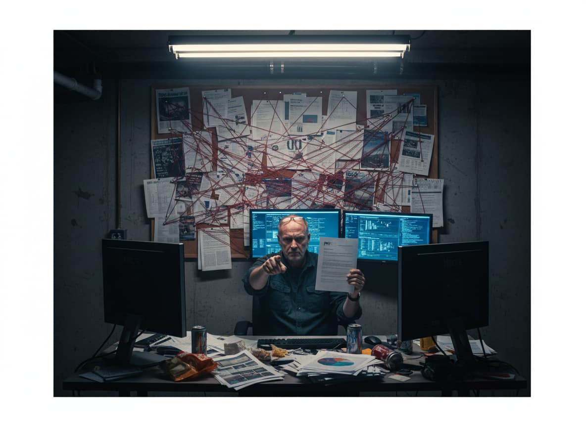 Citizen journalist in basement operations center holding printed government documents about Epstein investigation