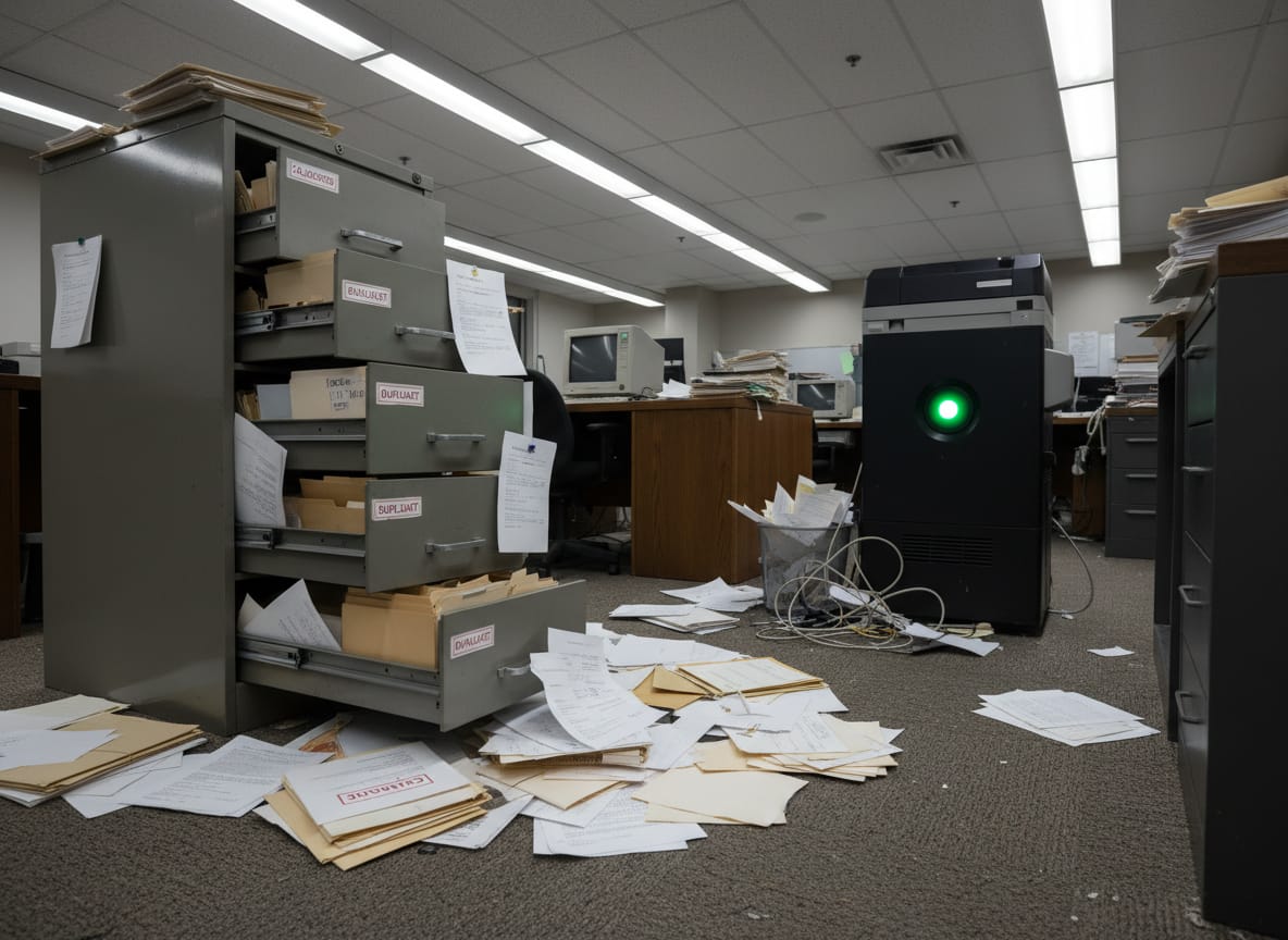 Government filing cabinet with Epstein files DOJ documents spilling from open drawers in federal office