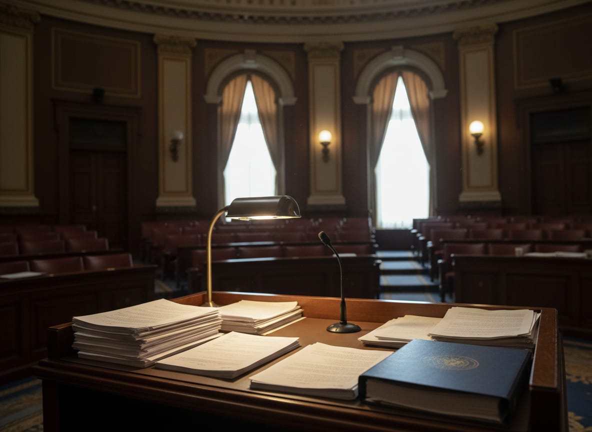 Senate podium with stacked documents related to epstein russia trump speech