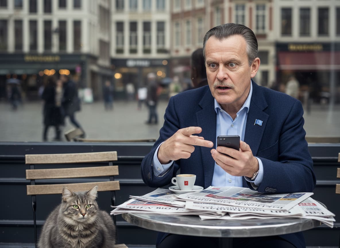European affairs analyst concerned about EU Hungary Orbán crisis at Brussels cafe with newspapers