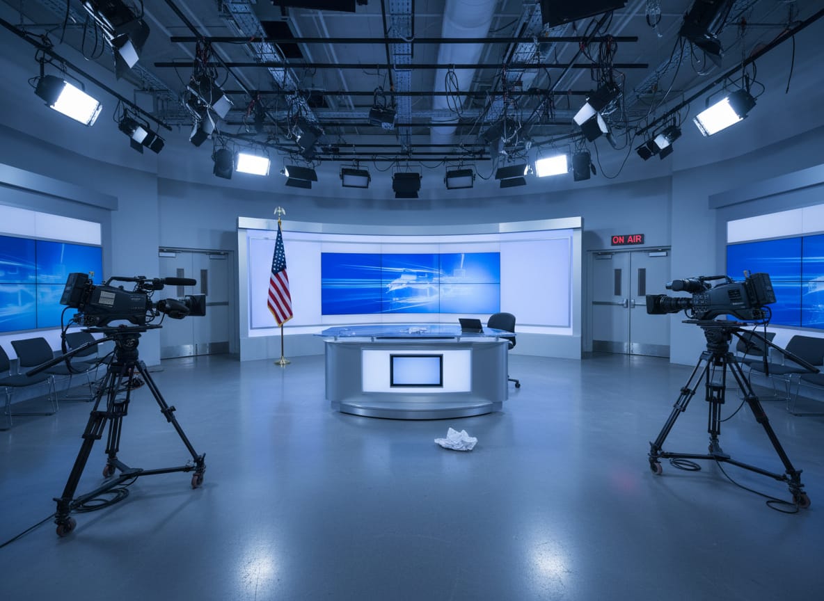 Empty news studio after FCC broadcast license threat over Iran war coverage