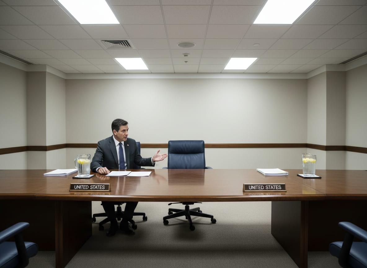 Empty negotiating table with two U.S. nameplates symbolizing failed Iran negotiations