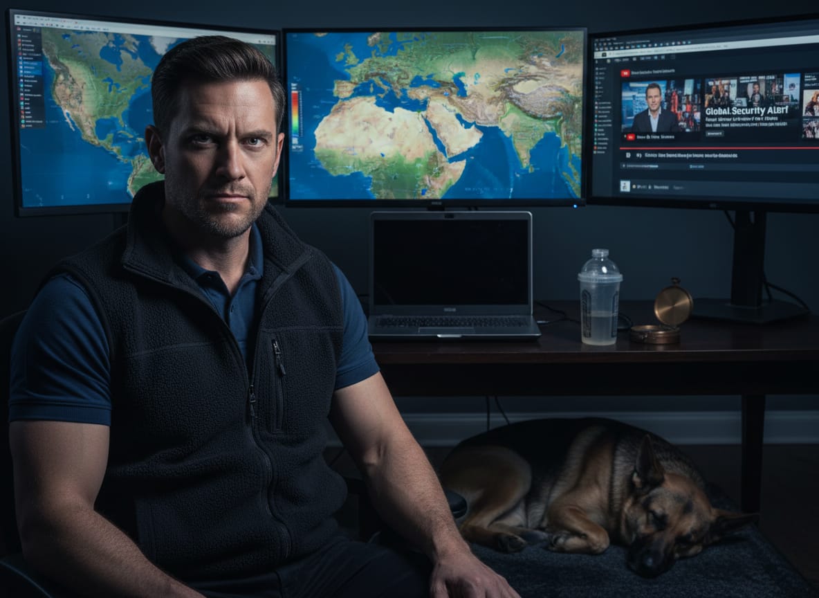 Tucker Brandish conducting his Iran war analysis from his home office at 4:30 AM