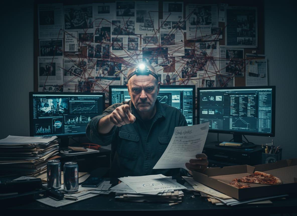 Citizen journalist in basement operations center investigating missing Epstein files with corkboard and screenshots