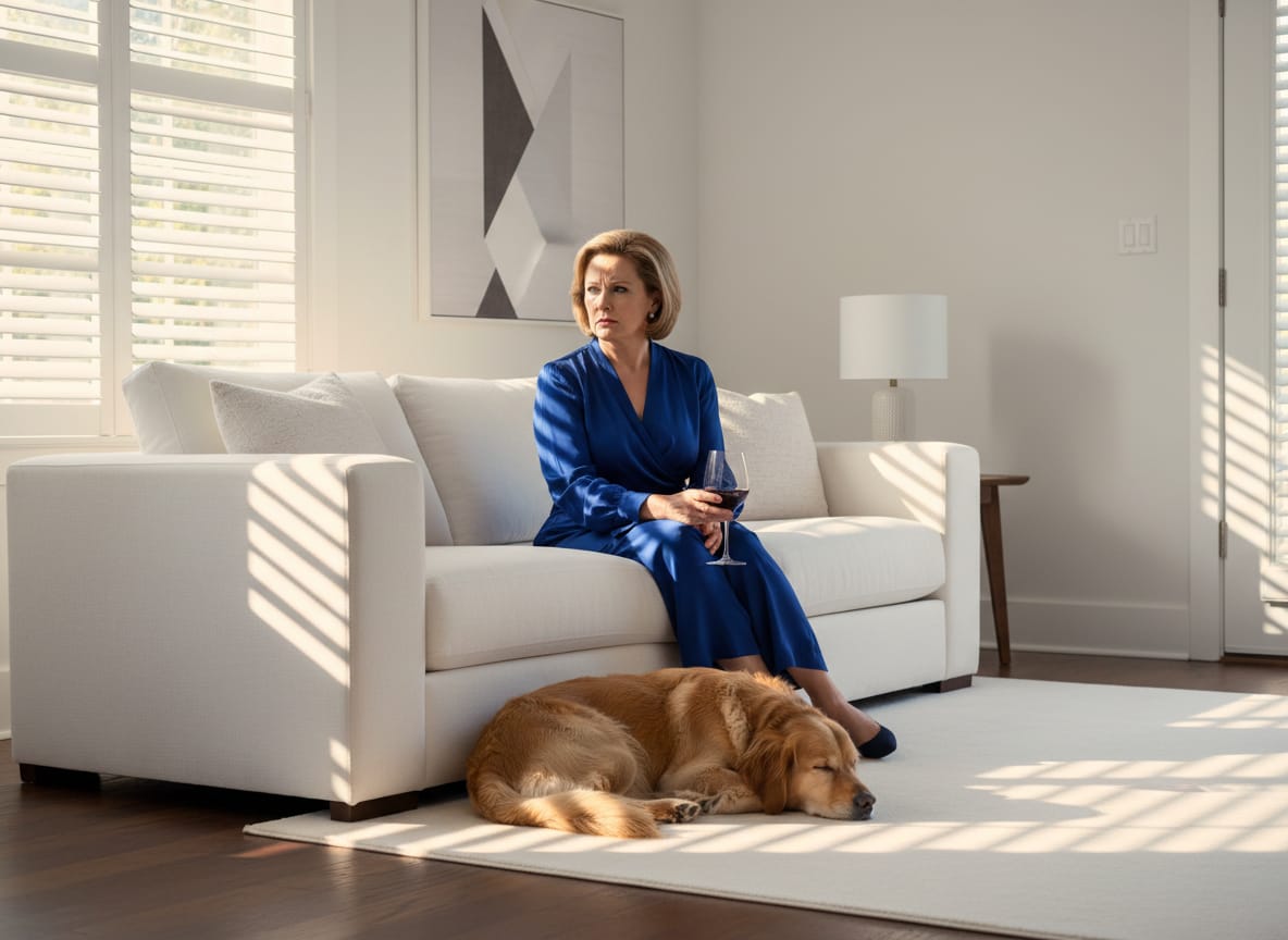 Ashleigh Ameritage watches No Kings protest celebrities on television from her living room with a glass of wine