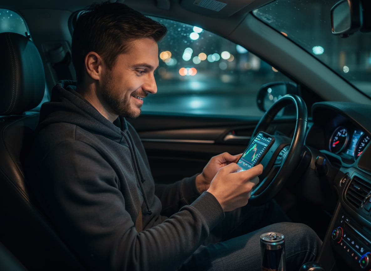 Man studies oil crisis investing charts on phone in parked car at night