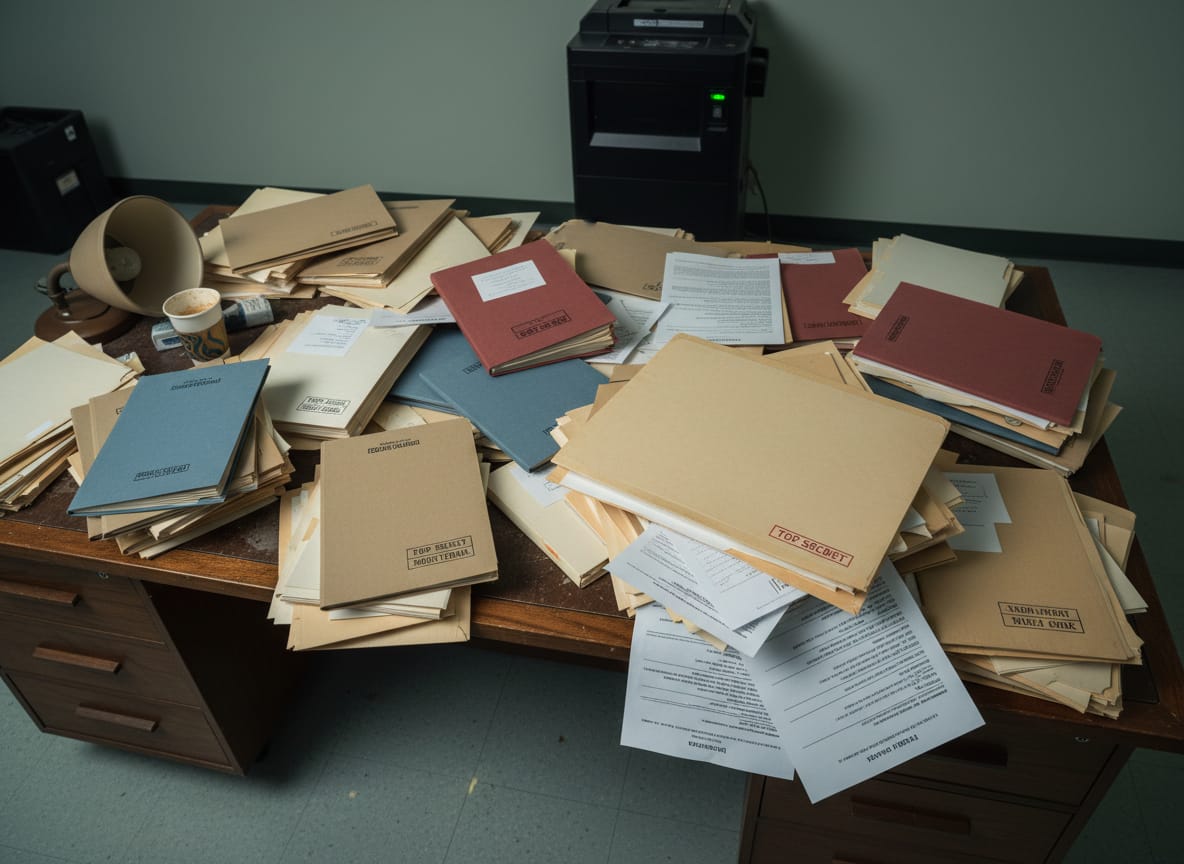Classified documents from the Smith memo spilling from an open folder on a government desk