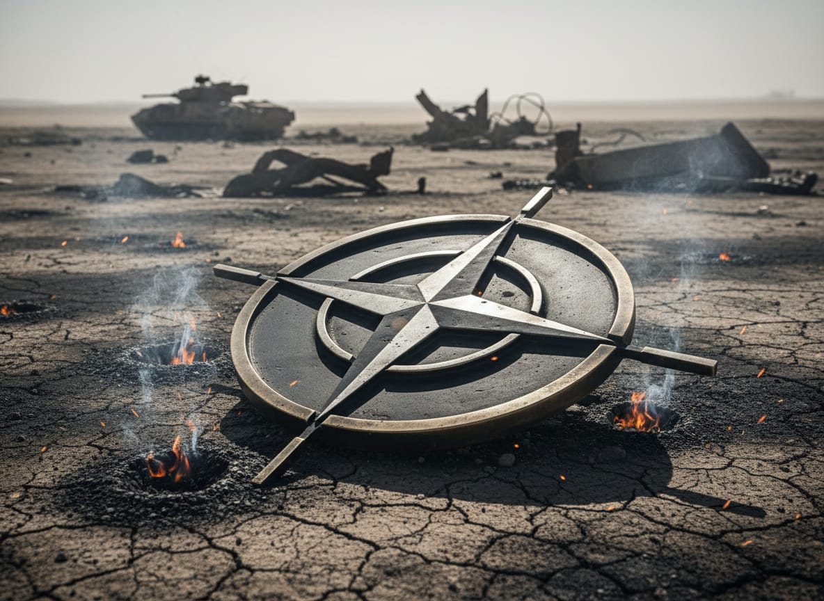 NATO emblem on scorched ground illustrating the Trump alliance crisis amid the Iran war