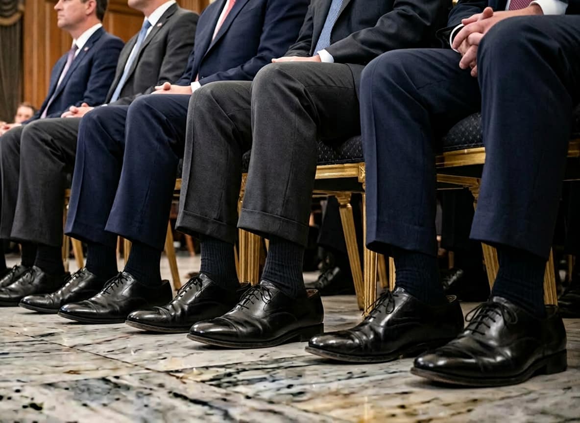 Identical Florsheim dress shoes representing Trump cabinet footwear mandate