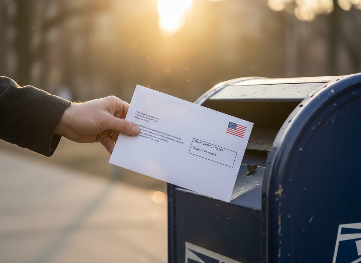 Mail-in ballot envelope being deposited in mailbox after Trump voted by mail in Florida special election