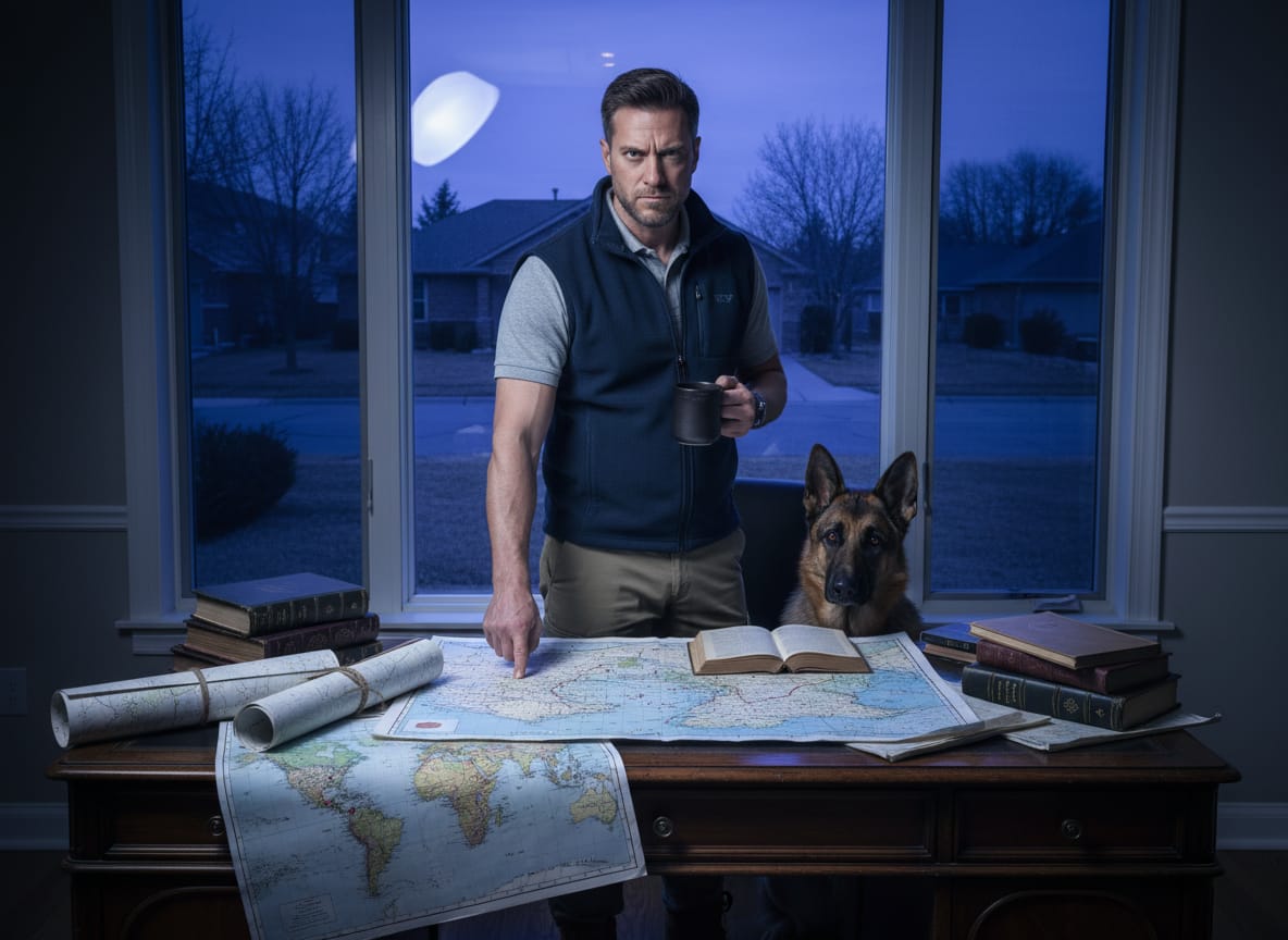 Tucker Brandish studies maps of US ground forces Iran options at his desk before dawn with his German Shepherd Patton
