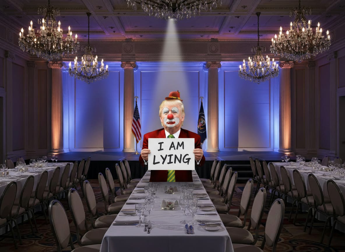 A lone performer stands center stage in a vast empty ballroom, facing the camera. He is holding up a large white prediction card at chest height, turned fully toward the viewer. The card reads in bold black hand-lettered capital letters: "I AM LYING".