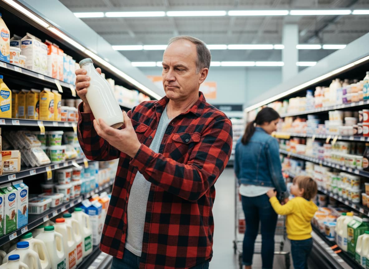 Brent Flagstone examines raw milk FDA warnings in grocery store dairy aisle