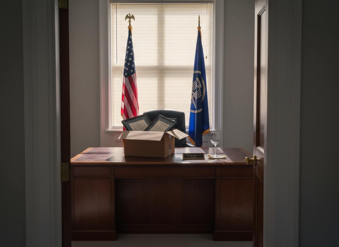 Empty federal executive office with half-packed boxes and wine glass on desk. Satirical news illustration from Newswax.com.