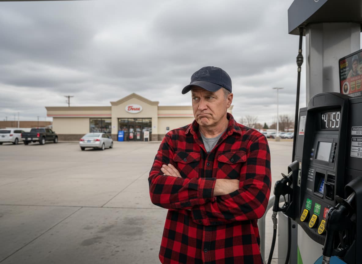 Brent Flagstone stares at gas prices above four dollars per gallon at a suburban gas station