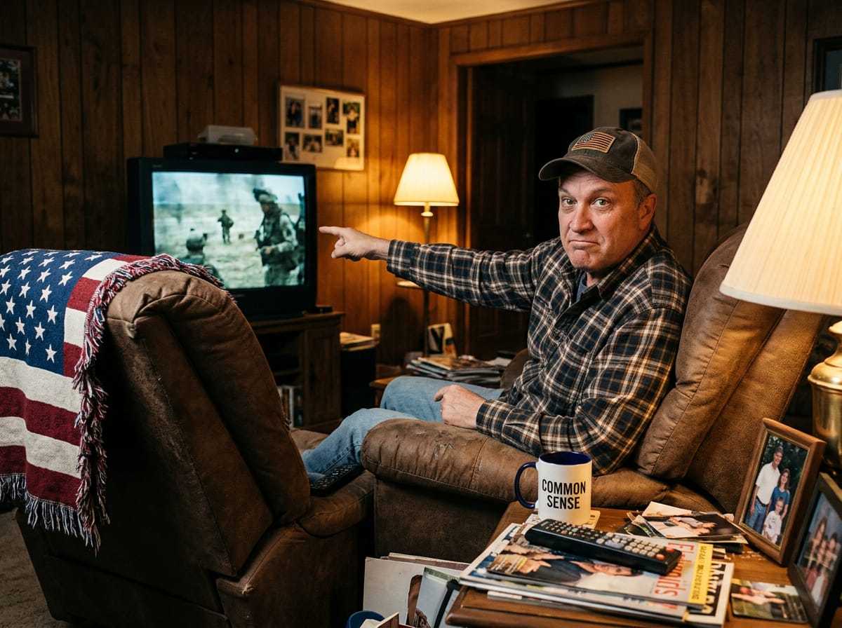 Man in recliner pointing at TV discussing troops divine plan for Iran military morale