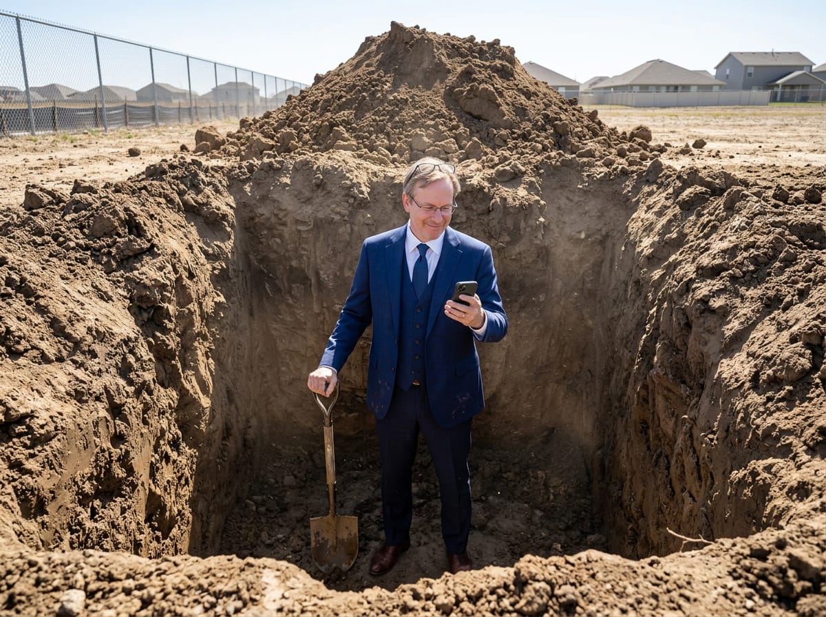 A man in an expensive bespoke navy suit, mid-40s, standing in a deep dirt hole he has dug himself. He holds a shovel loosely in one hand and reads The Atlantic magazine on his smartphone in the other, with a slight self-satisfied smile, as if the article is confirming his strategy.