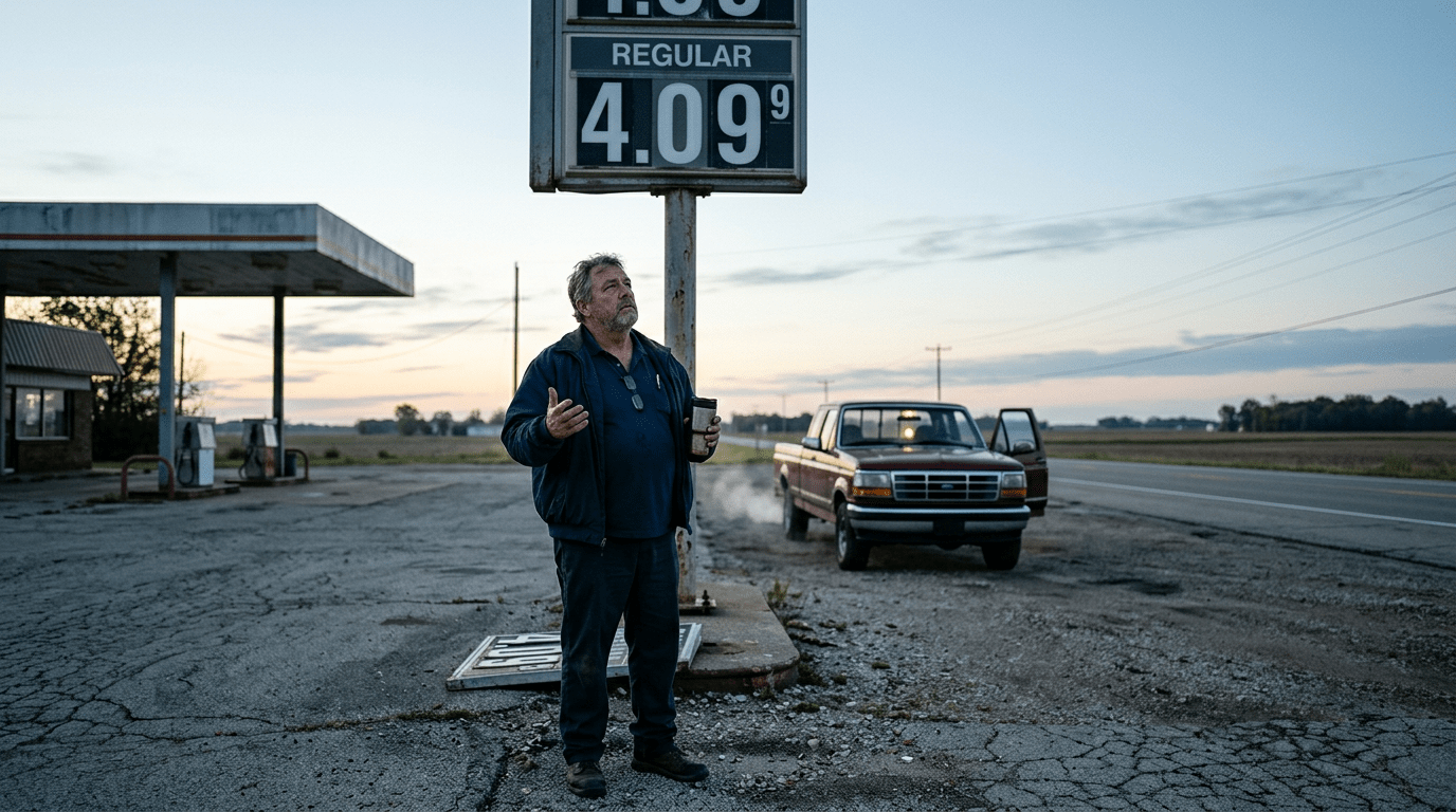 A man studies a roadside gas station price sign at dawn, the way he reads the Trump approval rating.