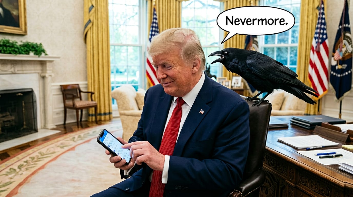 Satirical illustration of American weakness staged as triumph: a president types on his phone while a large raven leans into his ear, a speech balloon reading "Nevermore," which he does not notice.