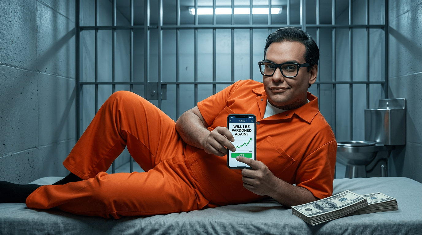 Man in jail jumpsuit betting on his own pardon, the George Santos betting saga as alpha.