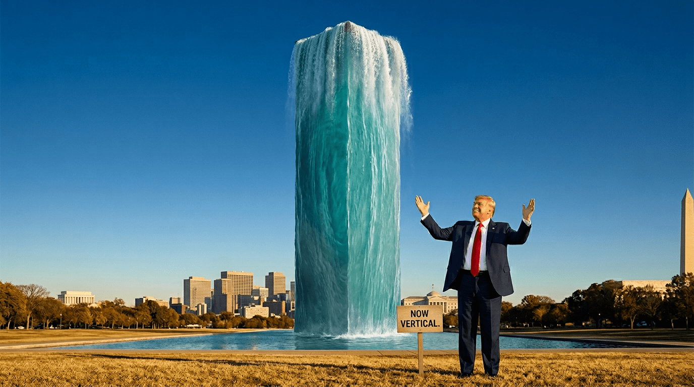 Reflecting pool chart logic made literal: the basin standing upright as a tower over skyscrapers as Trump presents it.