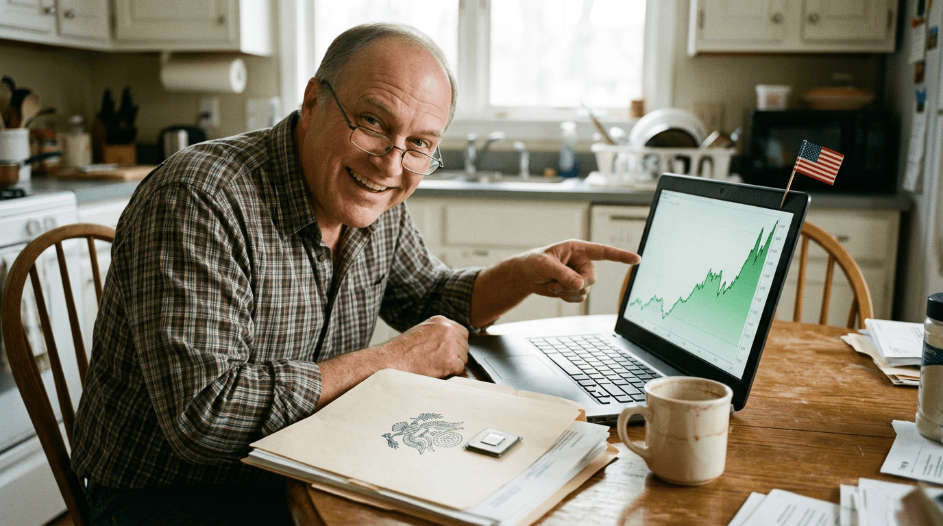 Brent Flagstone grinning at a rising stock chart, celebrating the government stake in Intel.