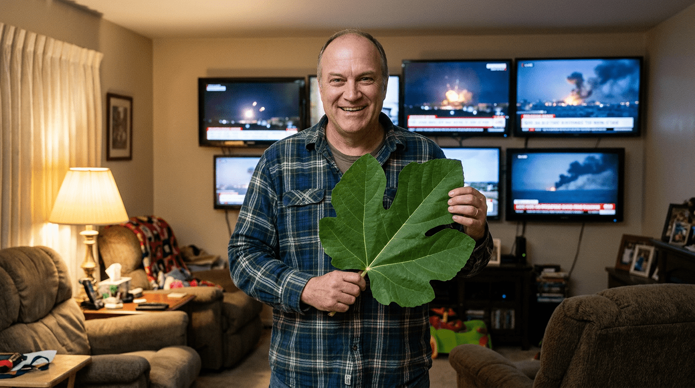 Opinion columnist Brent Flagstone proudly holds a giant fig leaf in front of TV screens showing the Trump Iran war, cheerfully hiding the defeat.