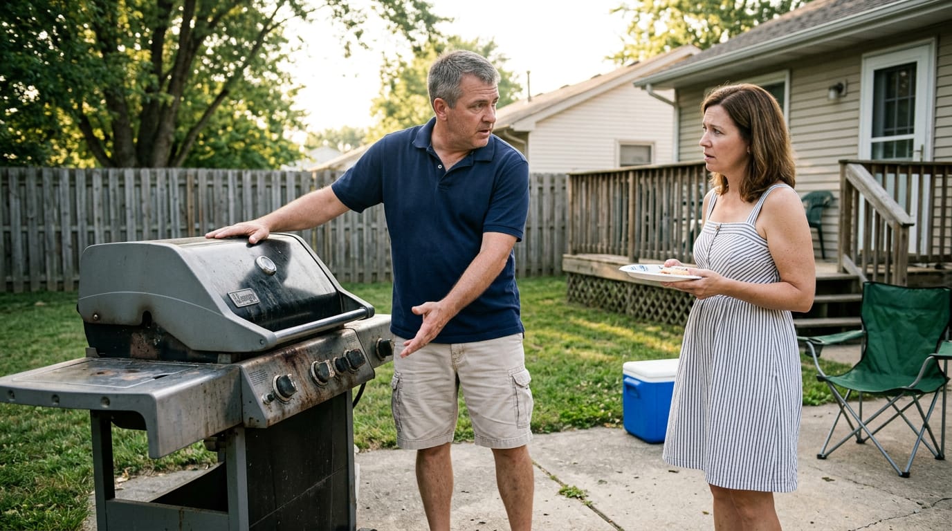Area dad guarding the grill placement he chose in 2019 while a relative looks on.