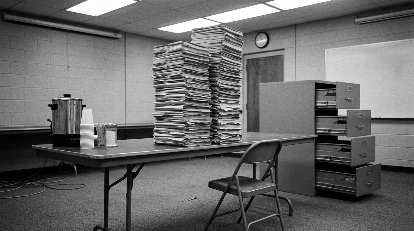An empty federal conference room representing lab-leak prosecutions replacing written biosafety policy.