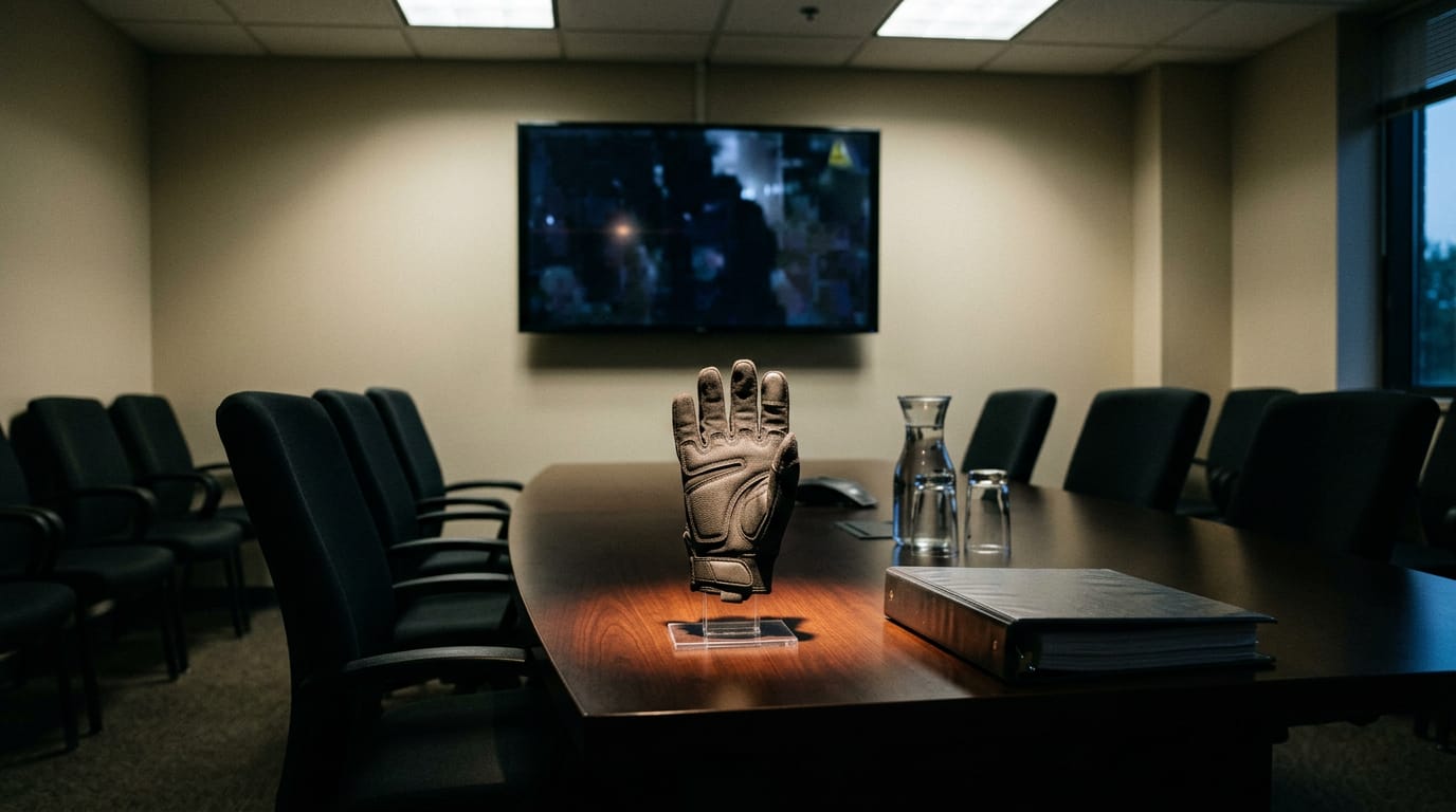The ICE shock gloves lit like a product on a display riser in a federal conference room, beside a wall monitor showing an unreadable dark video frame.