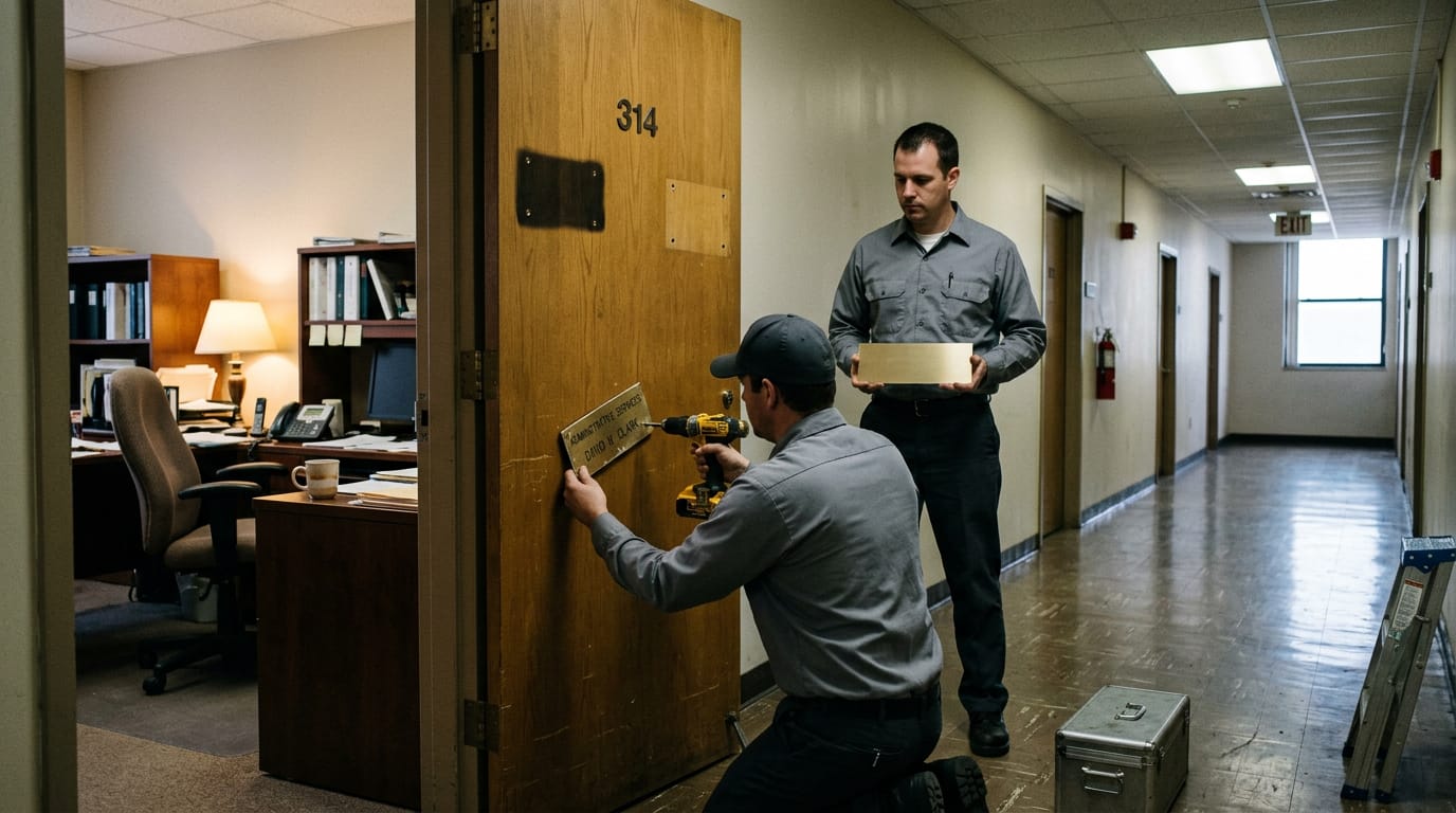Facilities workers unscrewing a nameplate from an office door after the Rosenzweig firing, a replacement plate already in hand.