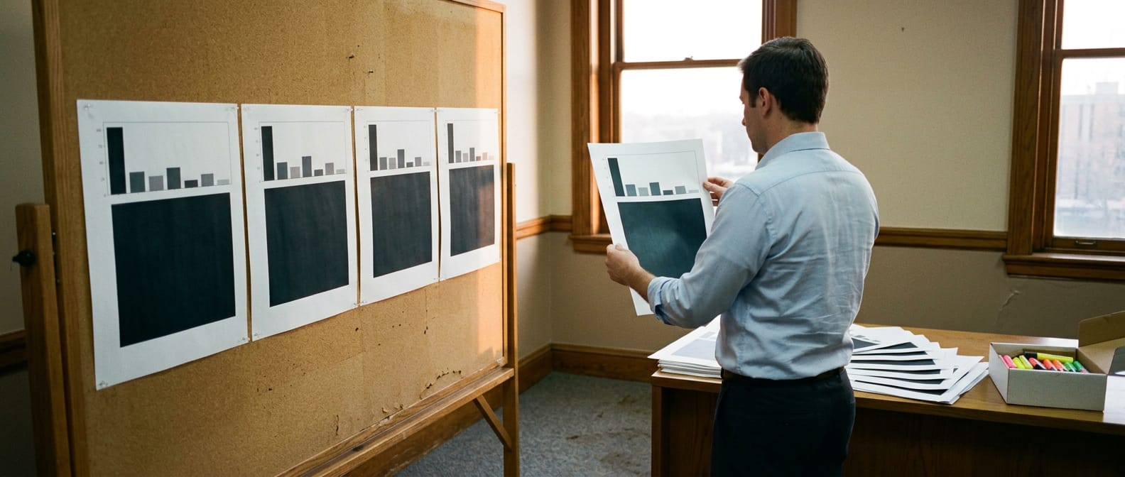 Four identical bar charts pinned to a federal corkboard as a staffer holds up a fifth, the AI buildout attribution unchanged.