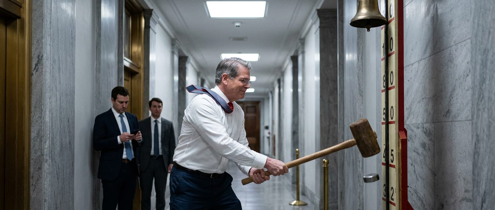 Scott Bessent swinging a carnival high-striker mallet in a Treasury corridor, the puck an inch off the base, the bond vigilantes unmoved.
