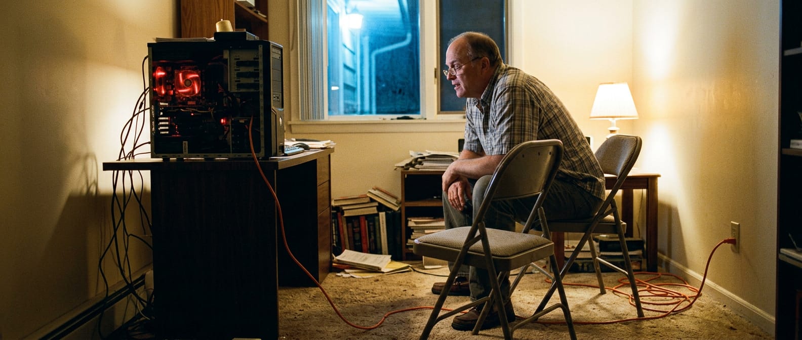 Brent Flagstone sits forward on a folding chair in a dark den, a second empty chair pulled up beside him facing a glowing computer tower, waiting on self-sovereign AI.