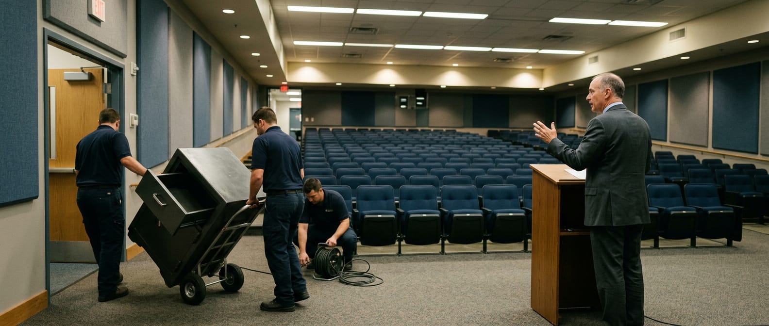 Technicians wheel an empty steel document safe out of an empty Pentagon briefing room while a spokesman speaks, the Pentagon orders book removed from the secret network.