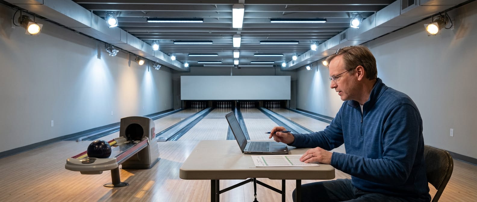 An empty two-lane basement bowling alley under elaborate new lighting. Satirical news illustration from Newswax.com.