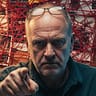 Rick Sledge, Newswax Investigations Correspondent, in basement office with conspiracy board